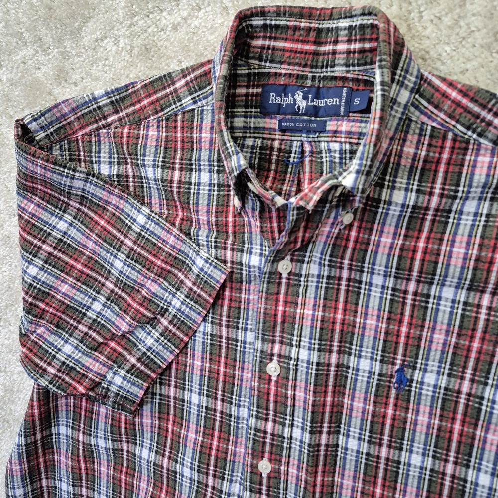 Ralph Lauren Seersucker Shirt Men Small Relaxed Fit Red Button Down Outdoor Camp